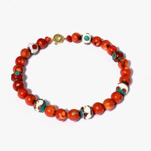 Red Bamboo Coral & Turquoise Knotted 14kgf OOAK Necklace